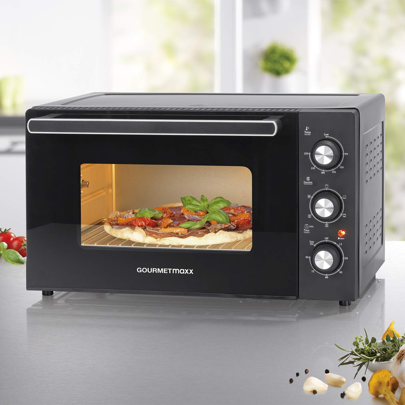 GOURMETmaxx Minibackofen mit Umluft | 42 Liter Fassungsvermögen, Ober- und Unterhitze mit Umluft und Heißluftfunktion | Backblech, Rost und Hühnerspieß inklusive [90-230°C, 1500 Watt]