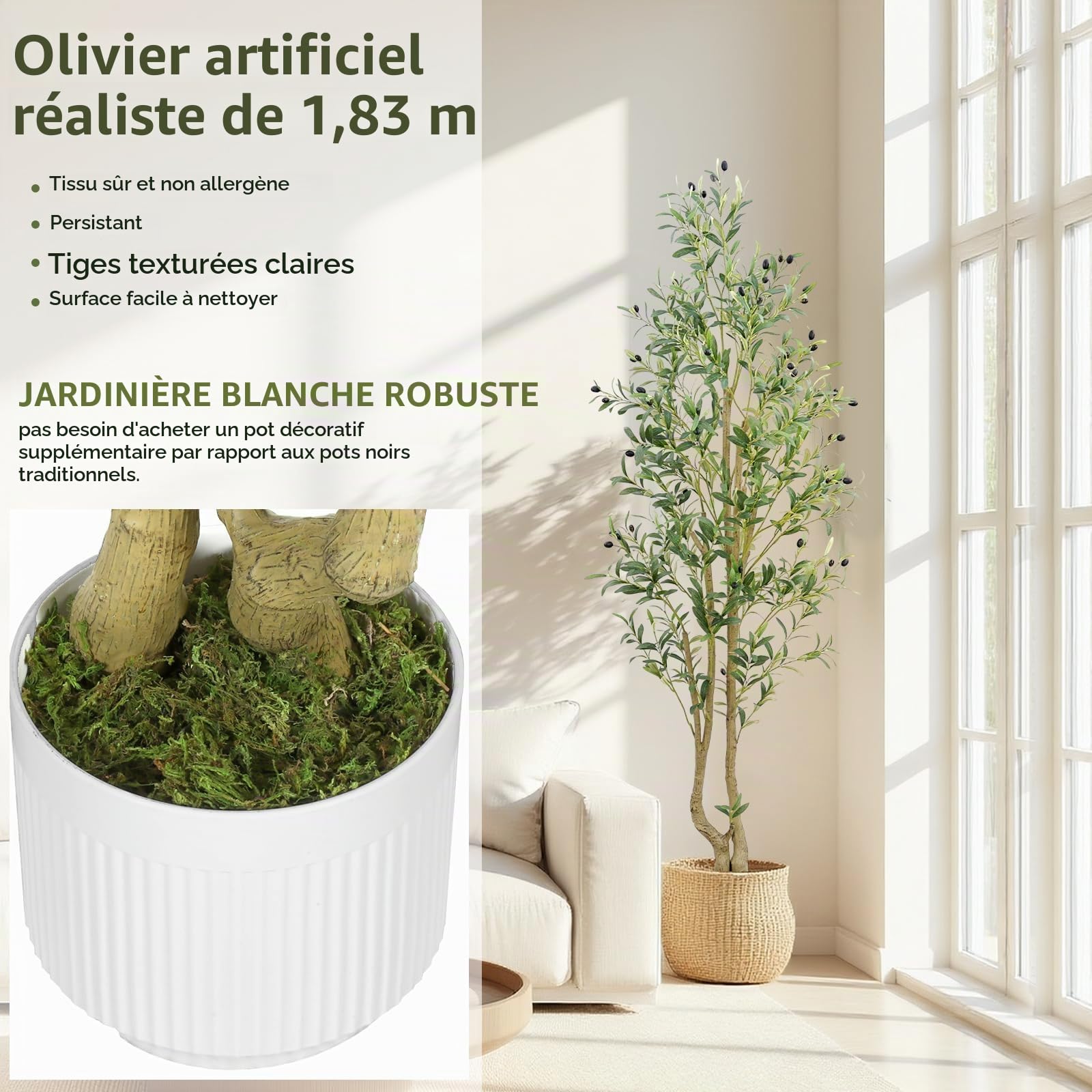 HZXGCP Olivier artificiel de 1,8 m avec pot blanc, faux arbre avec 1296 feuilles denses et 72 fruits d'olivier artificiels – Assemblage facile, nécessite peu d'entretien (olivier de 1,8 m)