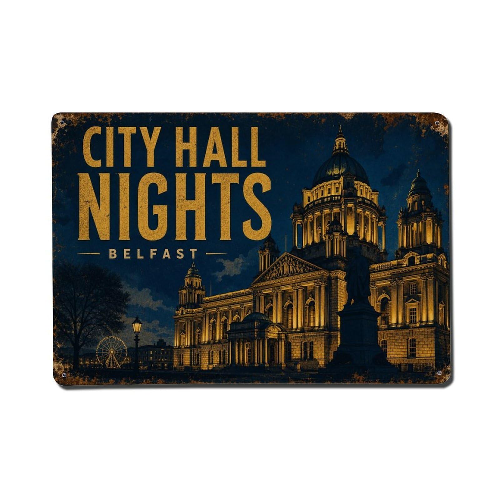 Fyrn Style Metal Tin Sign Vintage Travel City Hall Belfast Night Illuminated Ireland