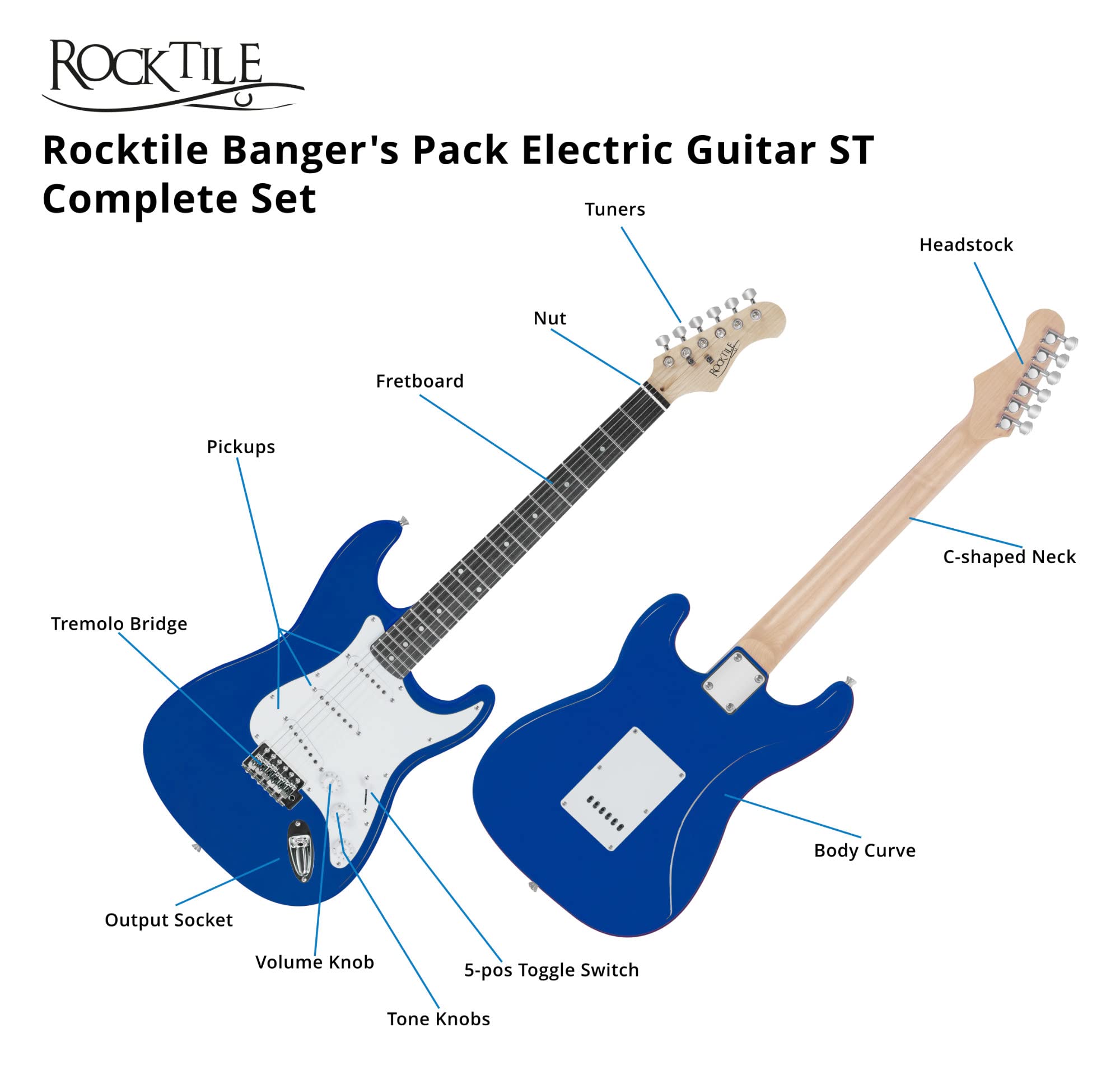 Rocktile Banger's Pack Set Chitarra Elettrica Blu - Kit Completo per Chitarre Elttriche con Amplificatore 25W, Custodia Morbida, Cavo, Tracolla, Tremolo, Plettri - Blue Highgloss
