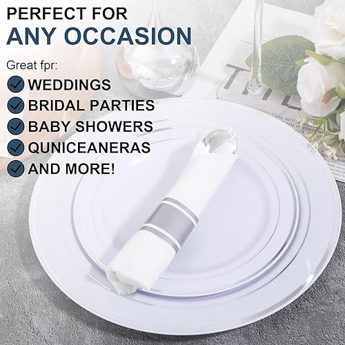 Miniatura 3 de Juego de 400 cubiertos de plástico plateado preenrollado, cubiertos plateados resistentes, incluye 100 utensilios desechables envueltos con