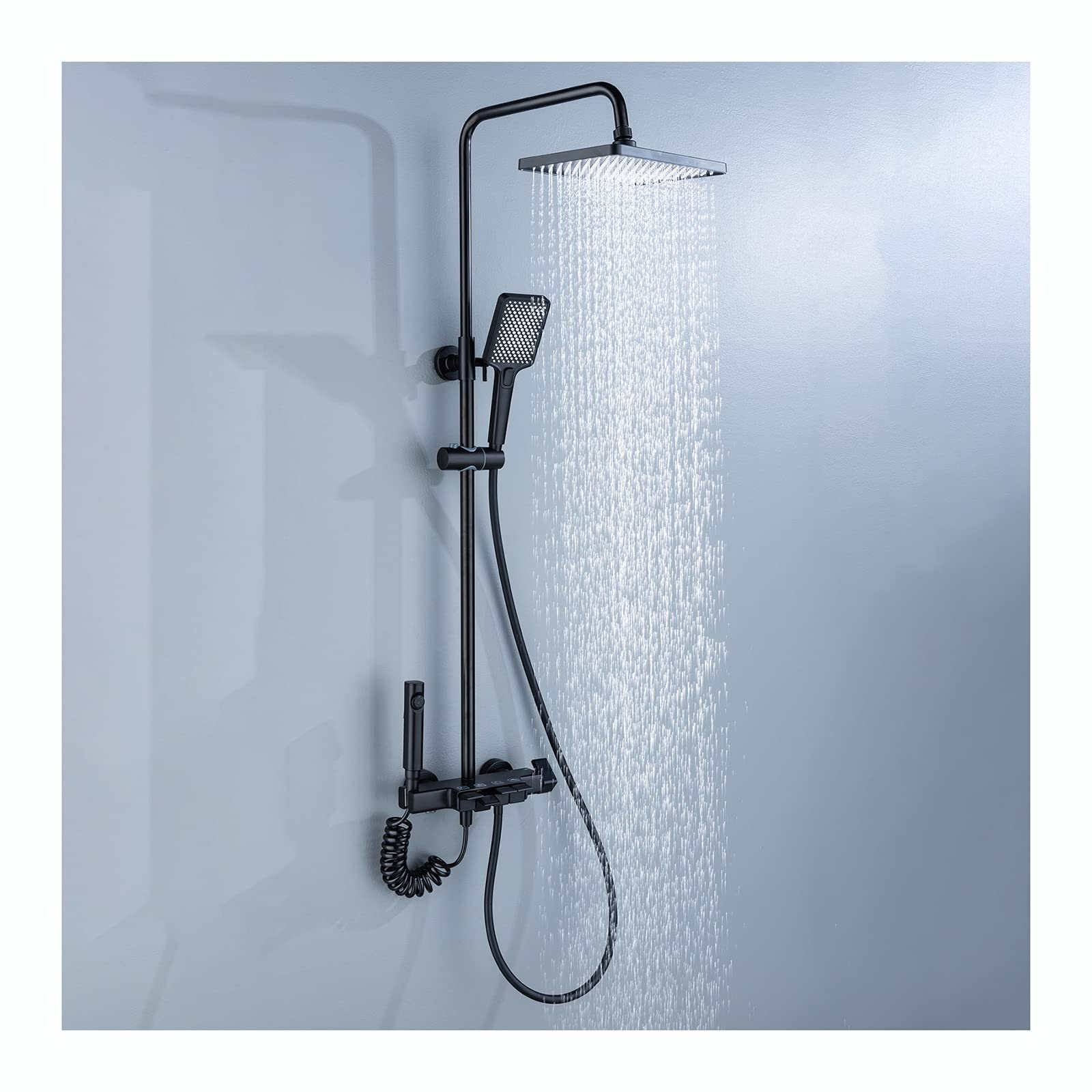 Sistema Doccia a Pioggia con soffione, Set Rubinetto a Parete, Miscelatore in Ottone, beccuccio per Vasca, doccetta a 3 modalità, spruzzatore per Bidet, Grigio (Nero)
