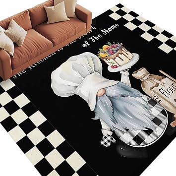 Area Rug 6x9 ft Cooking Chef Gnome Floor Carpets Low Pile Anti-Slip TPR Back Area Mat Cashmere Rugs for Living Room Dining Room Kitchen Bedroom, Cake Dessert Black Buffalo Plaid Sofa Throw Carpet