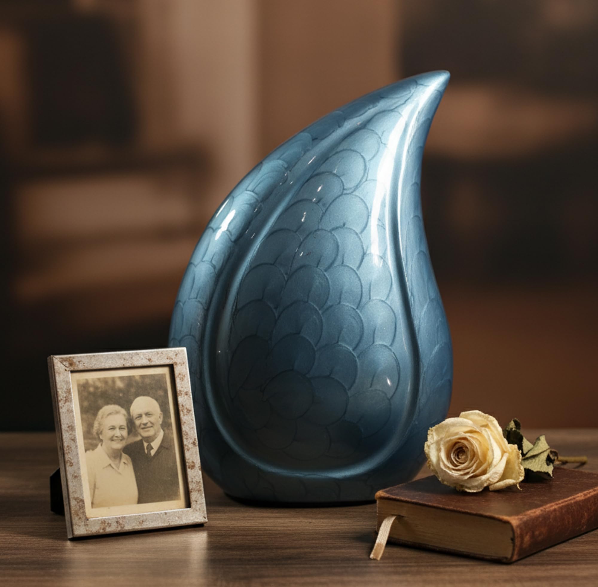 Esplanade Blue Espllanade Teardrop Cremation Memorial Container Jar - Metal Burial Urn - 10 Inches