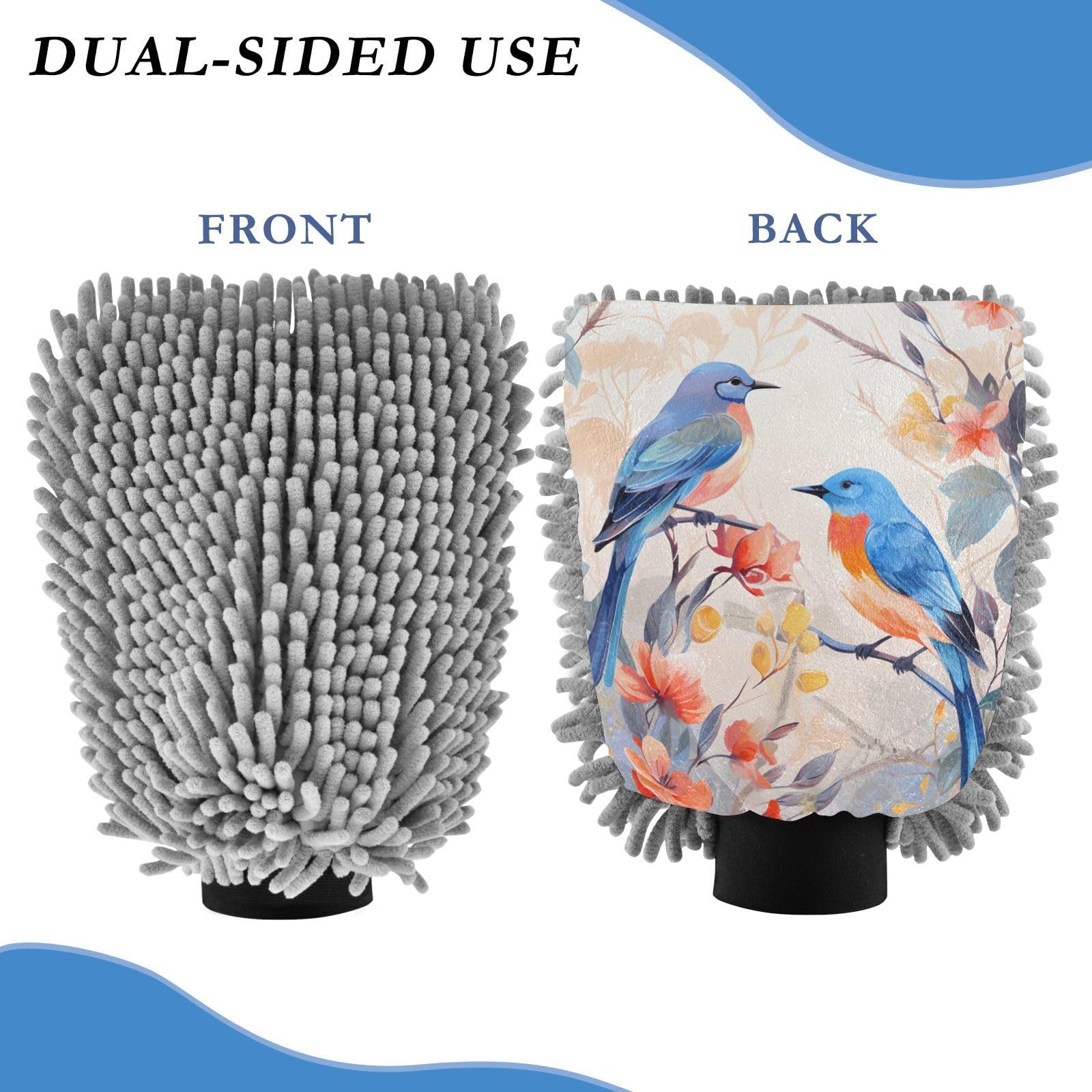 IOACIY Absorbent Microfiber Car Wash Drying Mitts, 2 Pack, Scratch-Free & Lint-Free, Rich Foam, Highly Absorbent, Double Sided, Wash Mitt Perfect for Car Washing, M, Chinese Painting Bird (3)