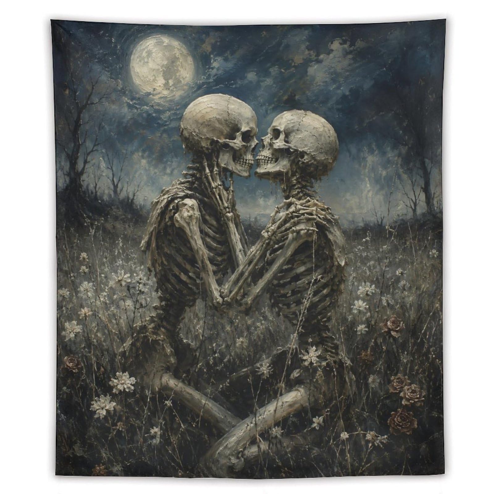 W7C8U2X3 Skeleton Couple Moonlit Field Wall Tapestry, Gothic Oil, Bedroom