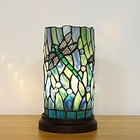 KALOUFUL Tiffany Dragonfly Stained Glass Table Lamp - Blue Baroque Bedside Night Light w/ 3-Color Temp & Flame LED Bulbs, Home Decor Gift
