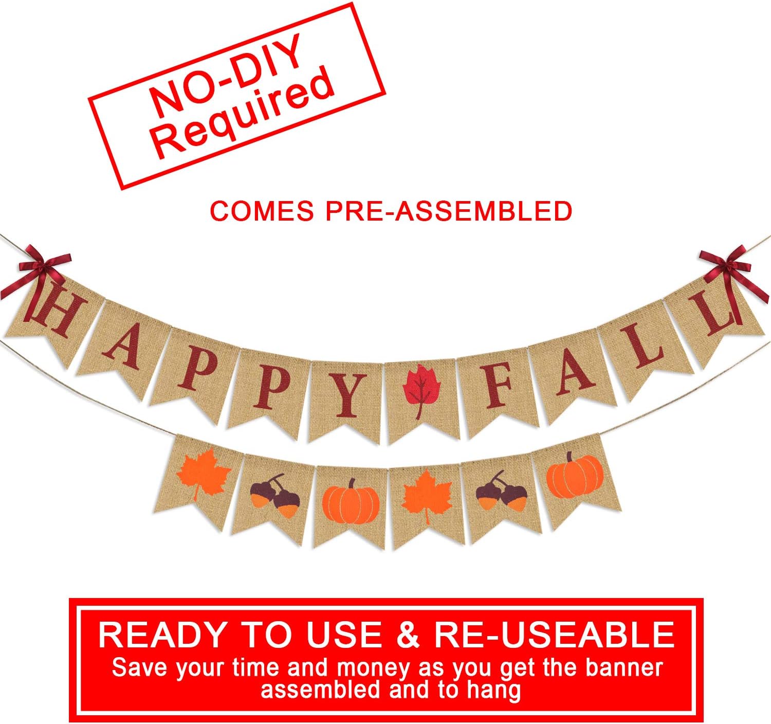 Thanksgiving Fall Decorations, Happy Fall Burlap Banner and Autumn Pumpkins Maple Leaves Acorn Garlands Bunting, Mantel Fireplace Decor