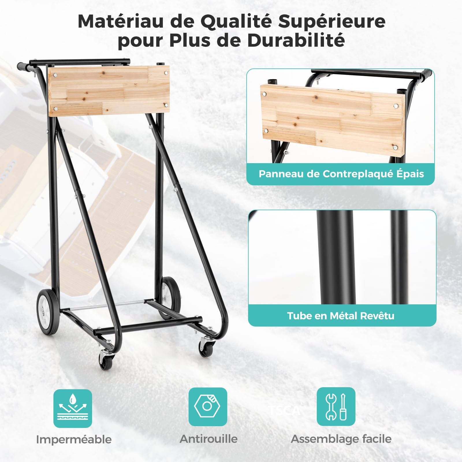 GOPLUS Chariot de Transport de Moteur de Bateau Hors-bord, Support Robuste avec Planche de Contreplaqué Epais et Solide, 4 Roues Lisses, Poignée Ergonomique, pour Réparation, Transport