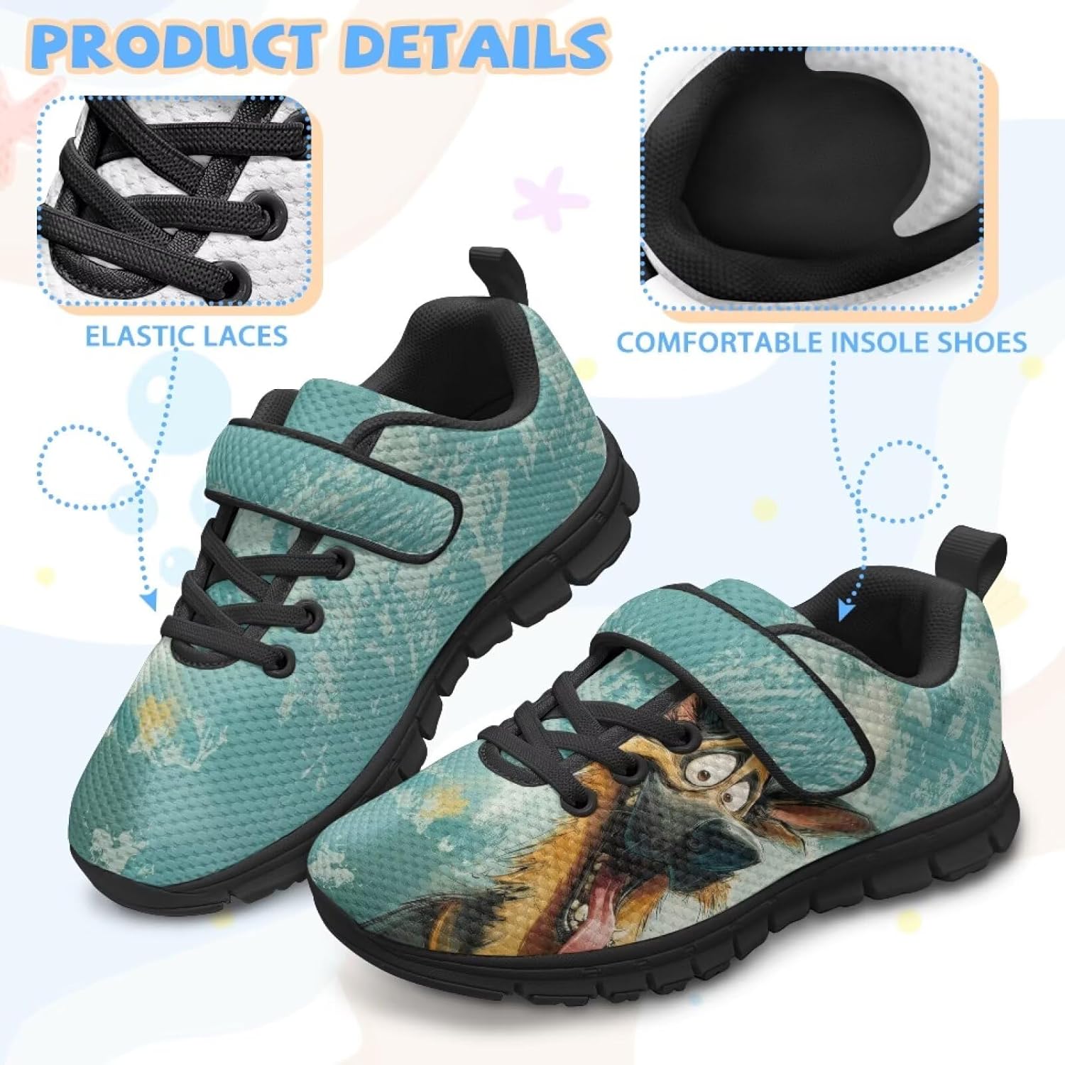 Girls Athletic Shoes with Hook and Loop Cute Print Breathable Mesh Tennis for Little Kid/Big Kid US 10.5-2.5