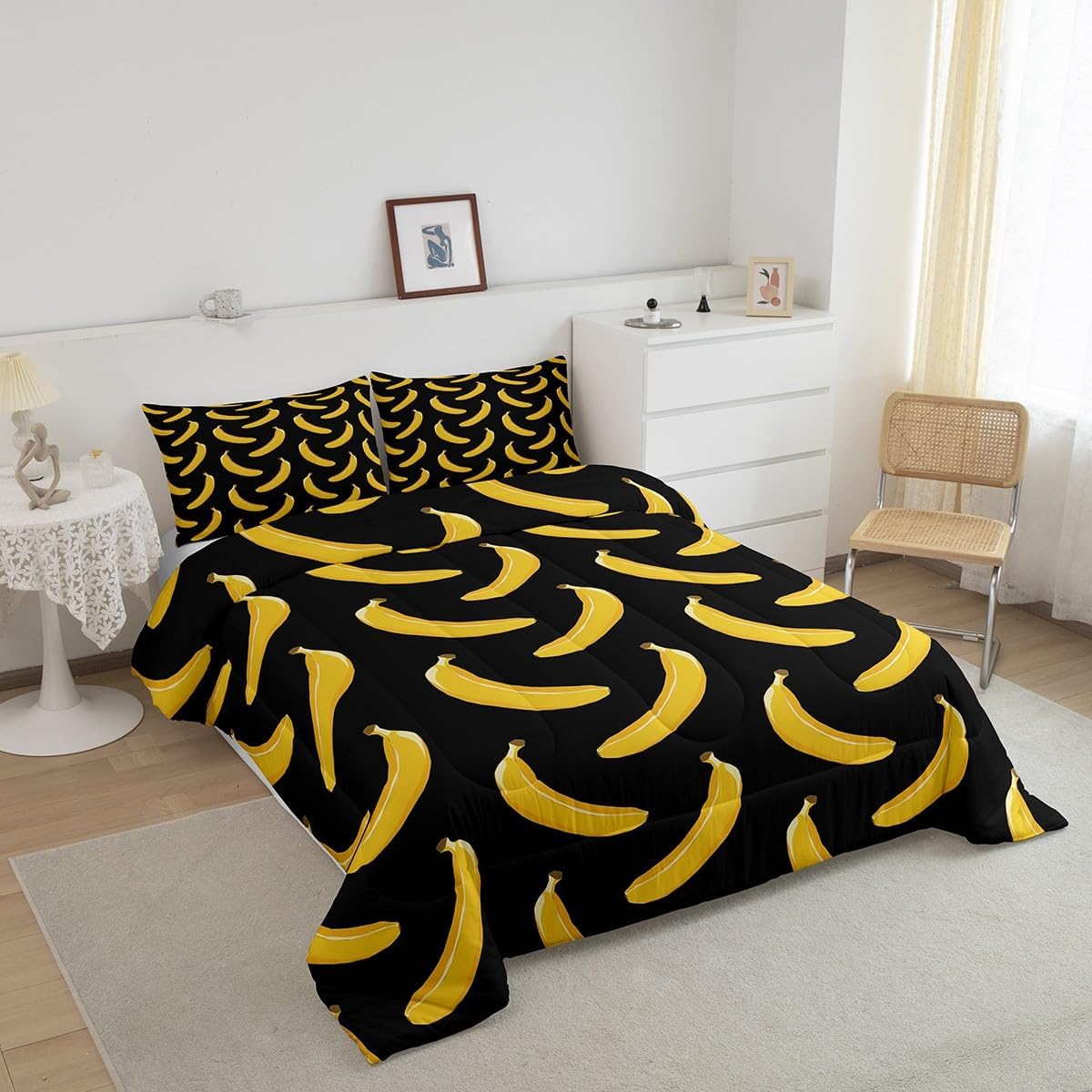 Yellow Banana Bedding Sets,Watercolor Hand Drawn Style Banana Comforter Set for Kids Teens Adults,Cute Fruits Decorative Modern Down Comforter with 2 Pillowcases Queen Size 3 Pcs
