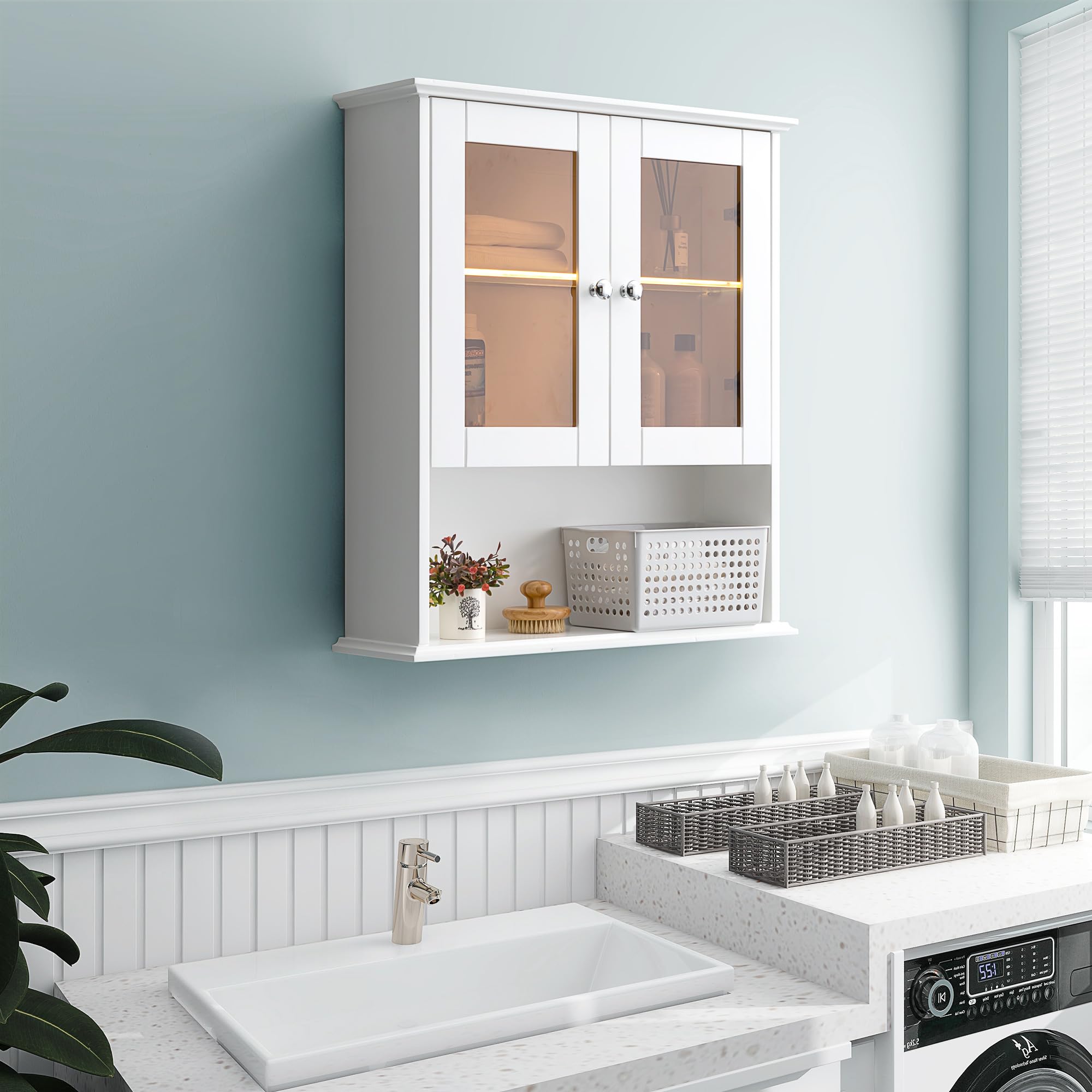 HIGEINE Bathroom Wall Cabinets with Glass Doors,Wall Mounted Medicine Cabinet, Over The Toilet Storage Cabinet for Bathroom Bedroom Living Room Fully Assembled (Black)