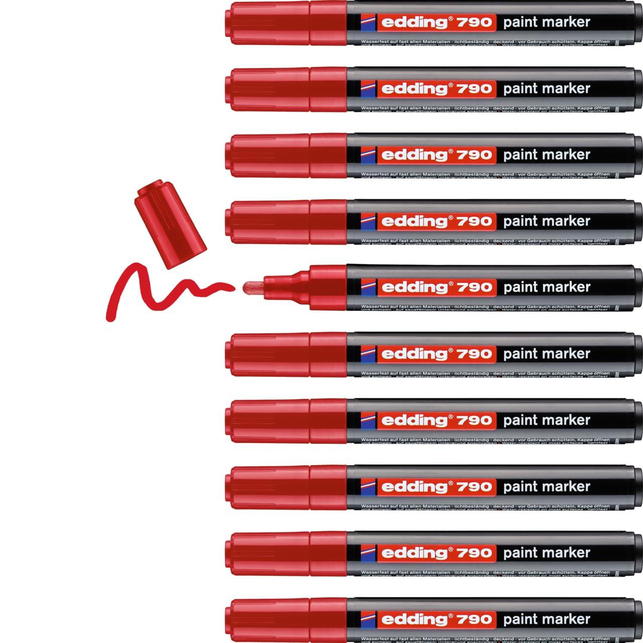 edding 790 paint marker - red - 10 pens - round nib 2-3 mm - paint marker for marking and labelling metal, glass, stone or plastic - highly opaque, permanent, smudge-proof