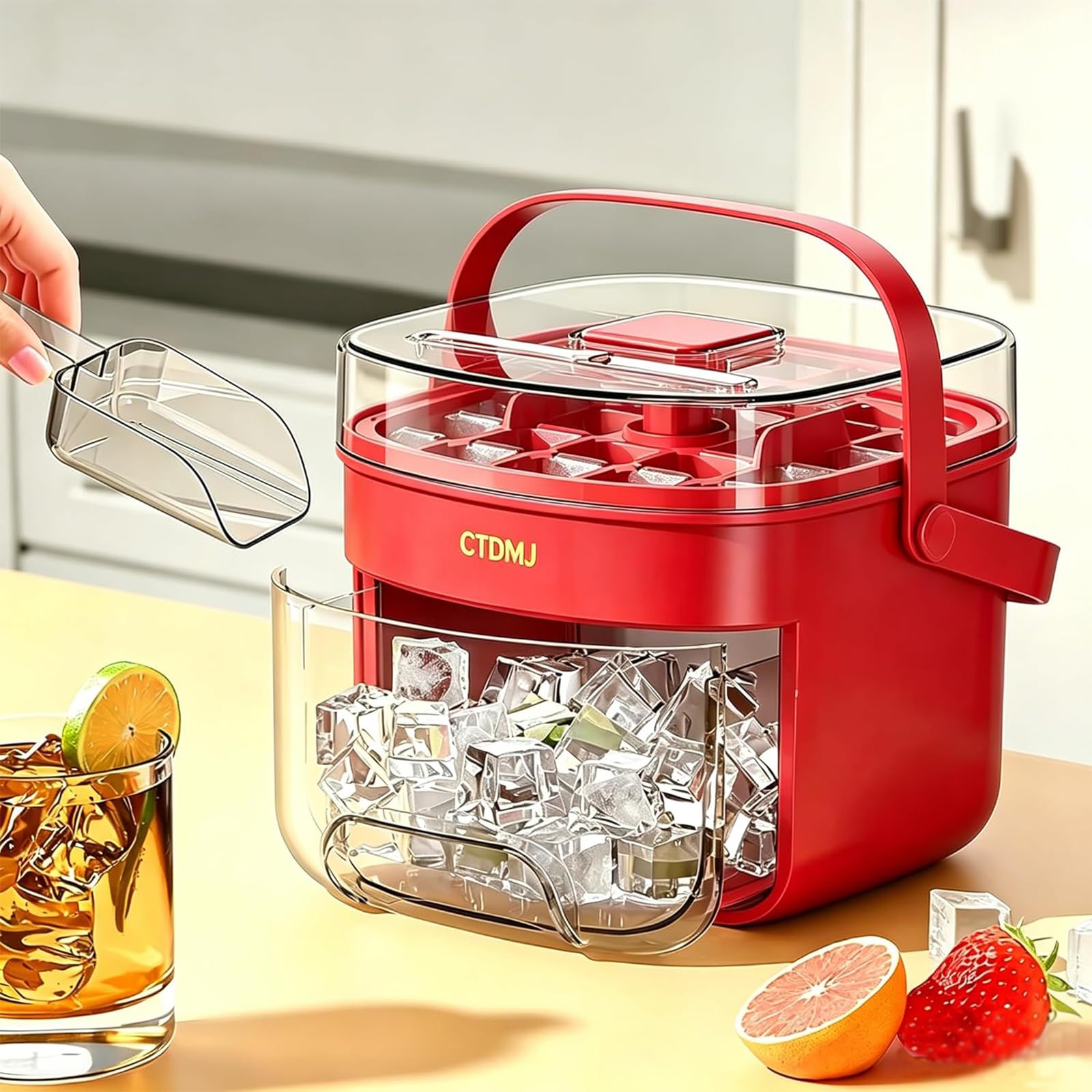 Máquina para hacer hielo, 48 cubitos de hielo, incluye cuchara de hielo y cesta, liberación rápida en 1 segundo, ideal para whisky, cócteles, café y cerveza