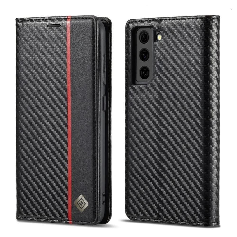 Étui pour Samsung Galaxy A55 5G housse noire à rabat vertical magnétique en cuir fibre de carbone