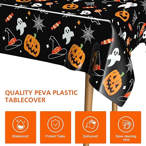 Miniatura 3 de PLULON Paquete de 3 manteles de Halloween de 54 x 108 pulgadas, tela de araña de calabaza, fantasma, murciélago, mantel de plástico para decoración