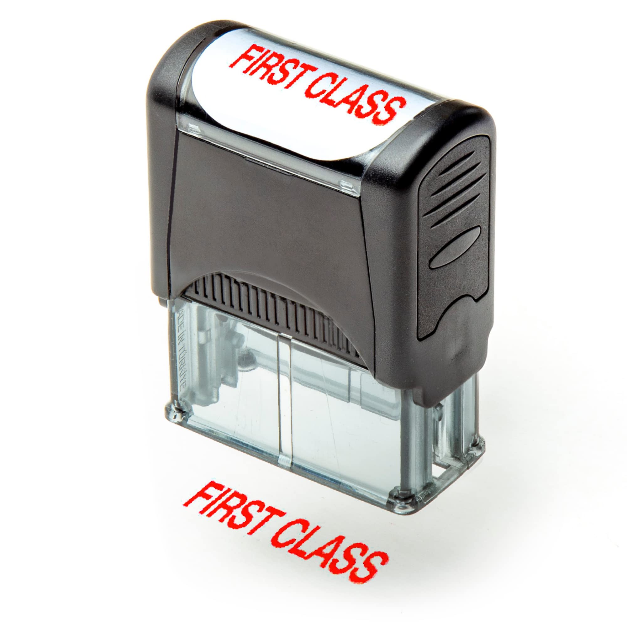 Self Inking Rubber Stamp, Refillable Red Ink Preinstalled - 1.4" x 0.51" X (35 x 8mm) (First Class)