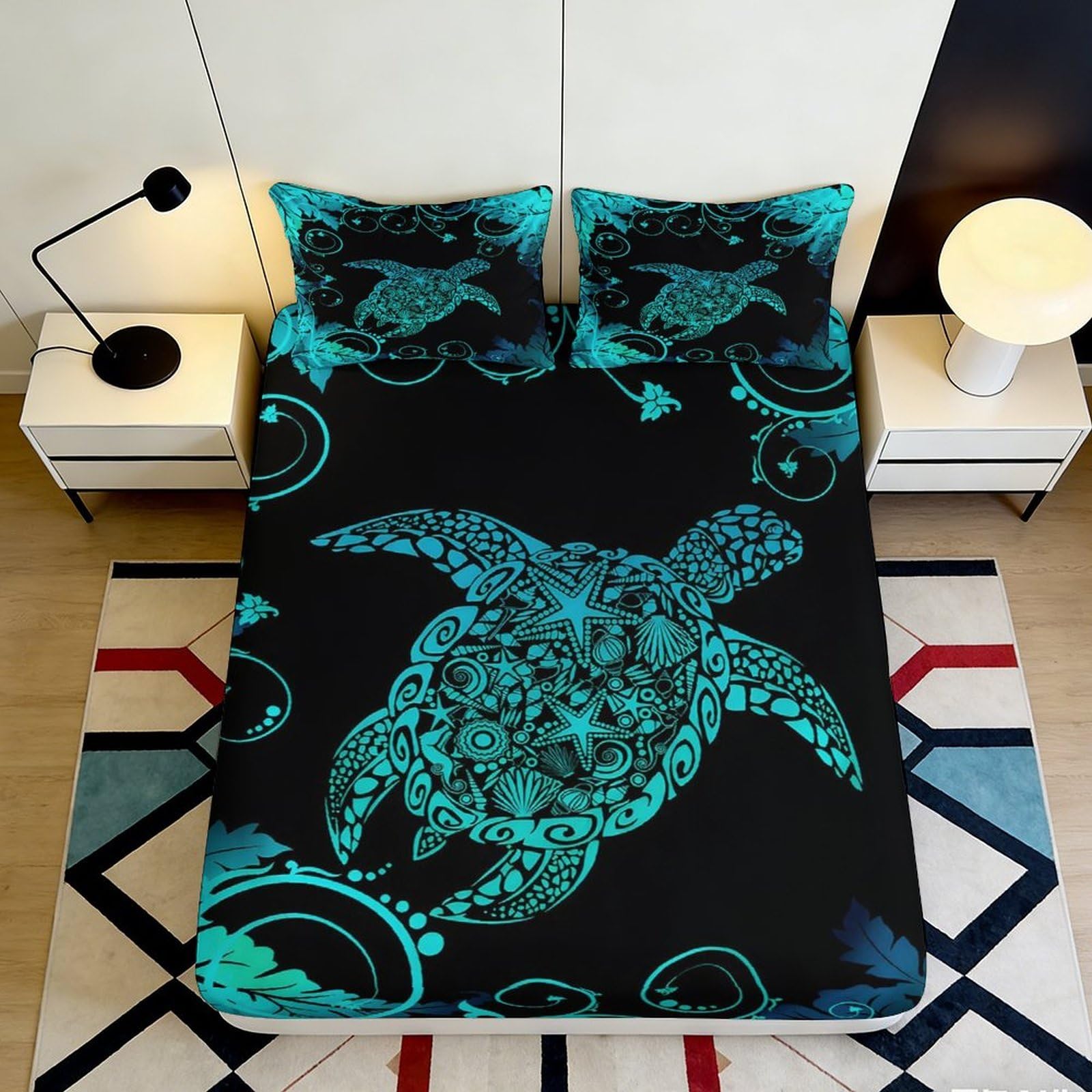 3D Printed Sea Turtle Fitted Sheet Microfiber Soft Breathable Ocean Mandala Mattress Cover for Bedroom Dorm Decor 90x200x25cm