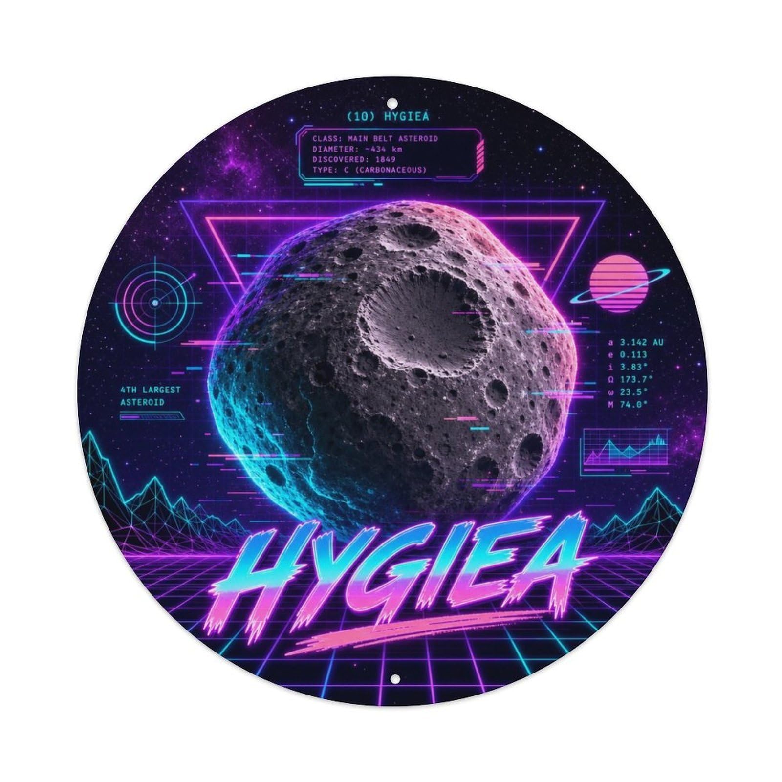 Hygiea Asteroid Cosmic Orbit Astral Galaxy Deep Space Metal Tin Sign Plaque Wall Decor for Cafe, Man Cave, Club Bar, Office, Home Garden Round Metal Poster 8x8Inch