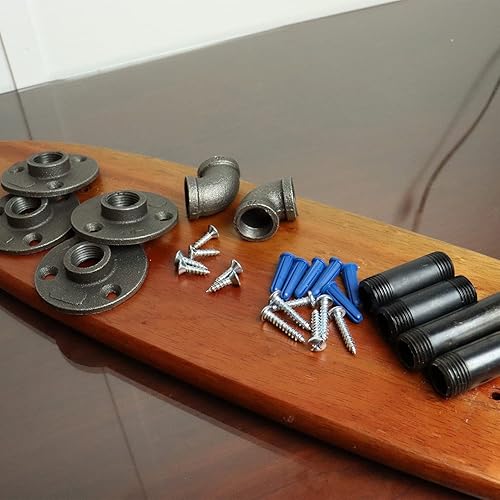 Miniatura 5 de Estante flotante de estilo industrial para patineta de caoba vintage con sistema de montaje de tubería - Estantería de patinaje interior hecha a