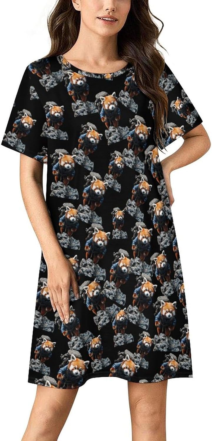Cute Travel Panda Nightgowns for Women Short Sleeve Sleep Dress Casual Sleepshirt Night Gowns Pajamas