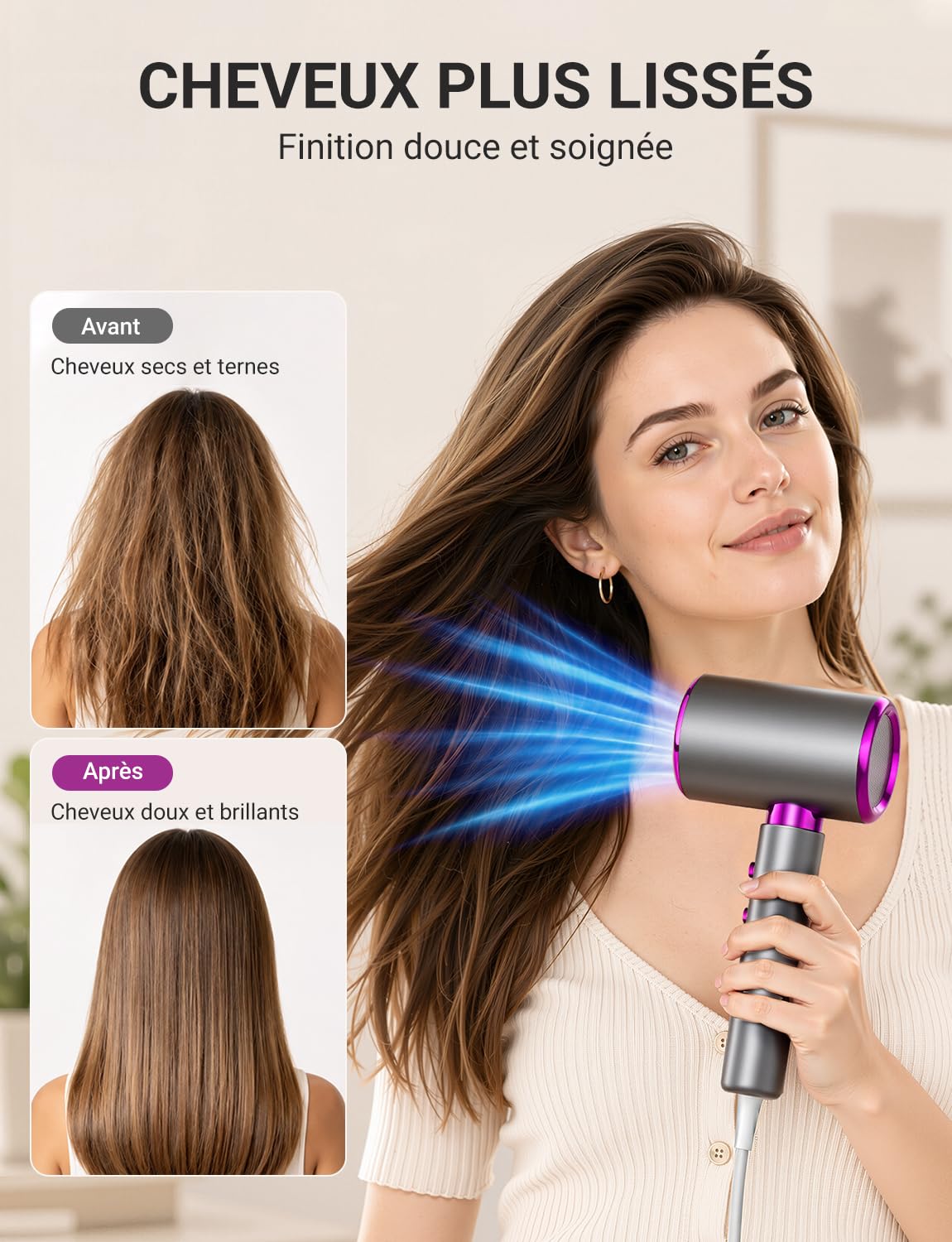Sèche Cheveux 2400W Séchage Rapide Ionique avec Diffuseur Boucles | 3 Températures 2 Vitesses Air Froid Concentrateur Léger et Compact pour Brushing Maison Voyage