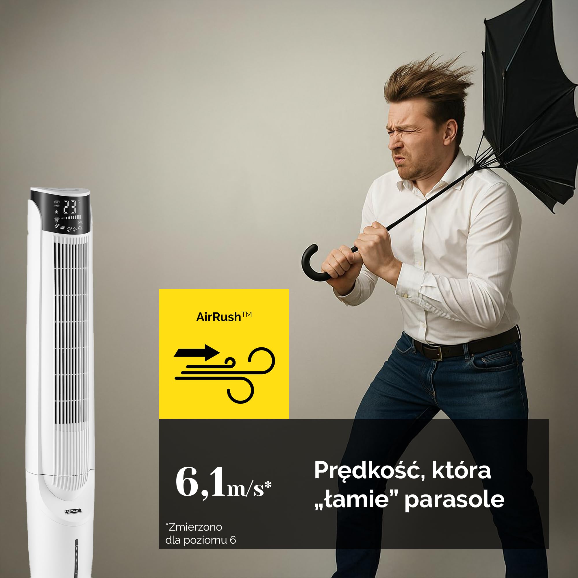Yoer 33dB Cichy Klimator wodny przenośny 6w1, Wentylator kolumnowy, 60W, 10m Zasięg nawiewi, 2x szybsze chłodzenie, Nawilżanie powietrza, Aromaterapia, Jonizacja, 90° Oscylacja, Cascado TFC06W, biały