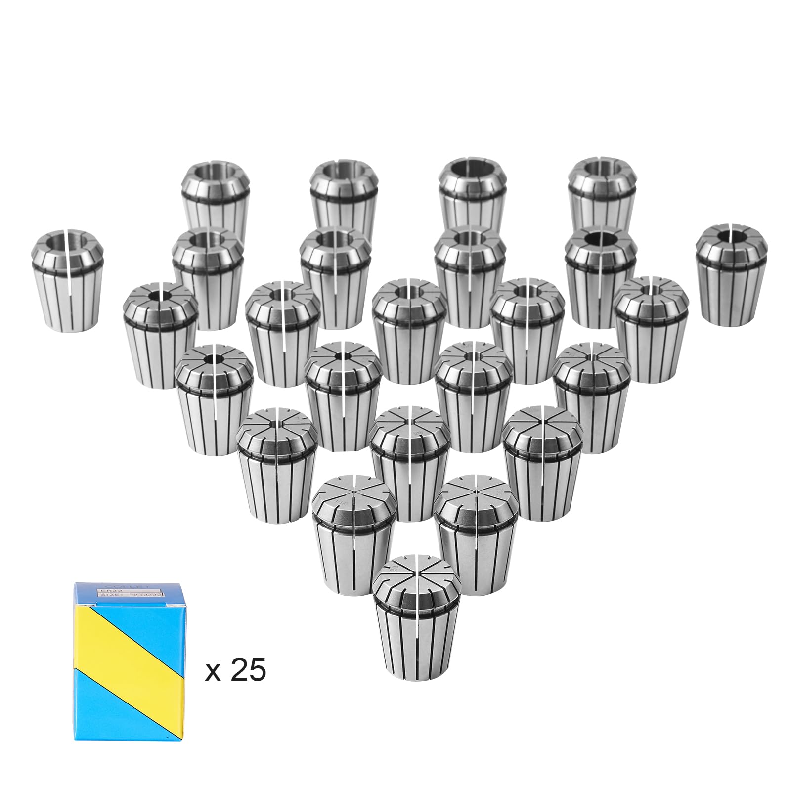 VEVOR Pinces de Serrage à Ressort ER32 25PCS 1/16"-13/16" 1,6-20,6 mm TIR 0,0006" 15 μm avec 25 Boîtes de Rangement Étiquetées pour Machine de Gravure CNC, Fraiseuse, Outil de Tour, Perceuse, Presse