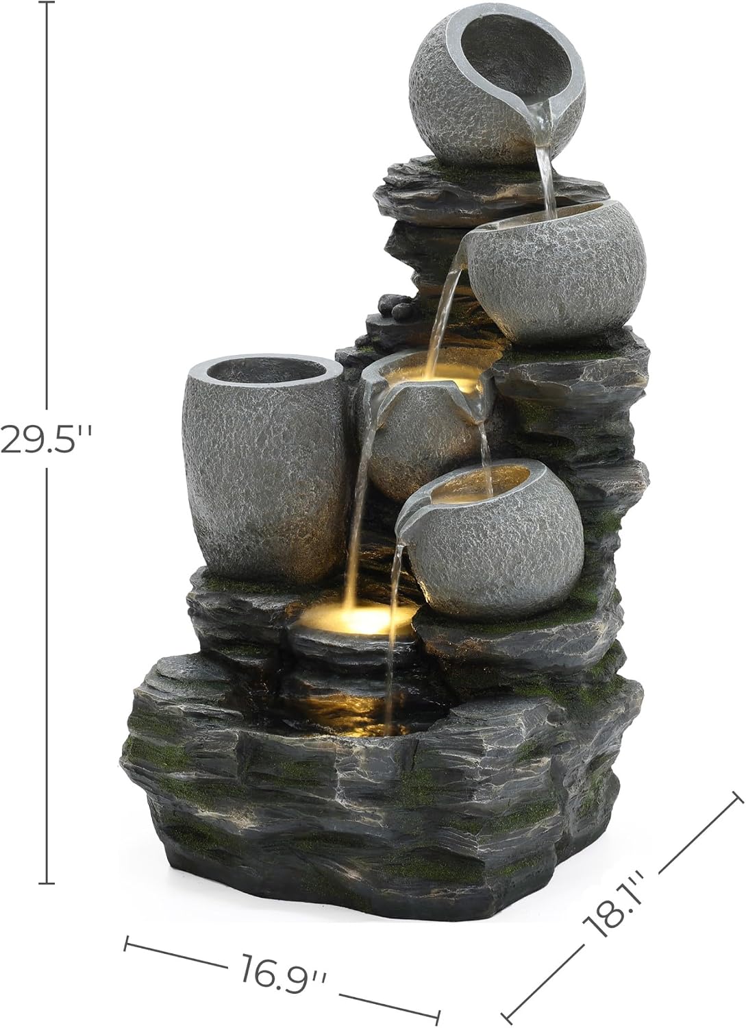 LuxenHome 29 Inch Tall Outdoor Water Fountain, 4 Tiers Cascading Pots & Rock Cascading Waterfall Fountain Outdoor and Indoor with LED Lights, Resin Garden Water Fountains for Patio, Porch, and Yard