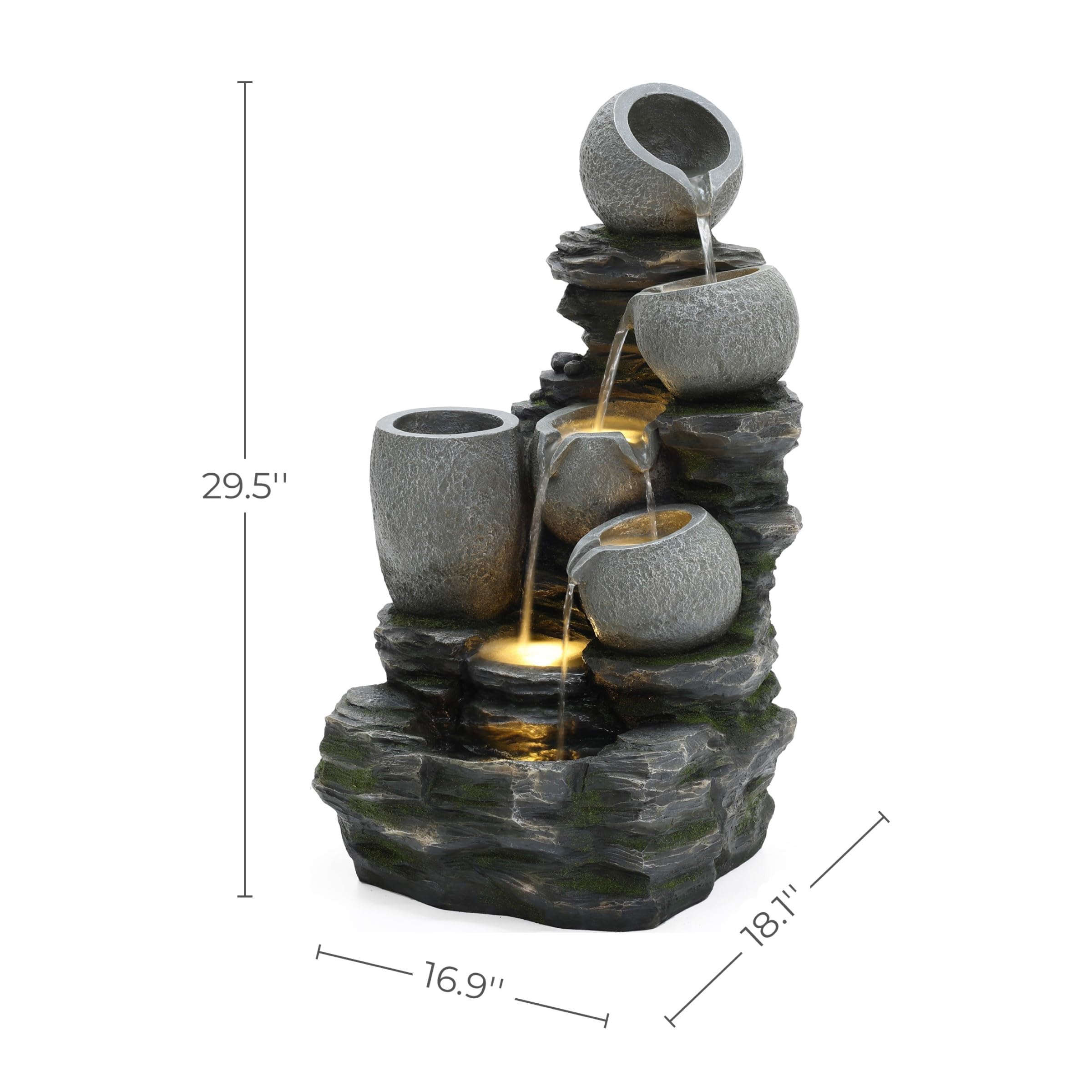 LuxenHome 30 Inch Tall Outdoor Water Fountain, 4 Tiers Cascading Pots & Rock Cascading Waterfall Fountain Outdoor and Indoor with LED Lights, Resin Garden Water Fountains for Patio, Porch, and Yard