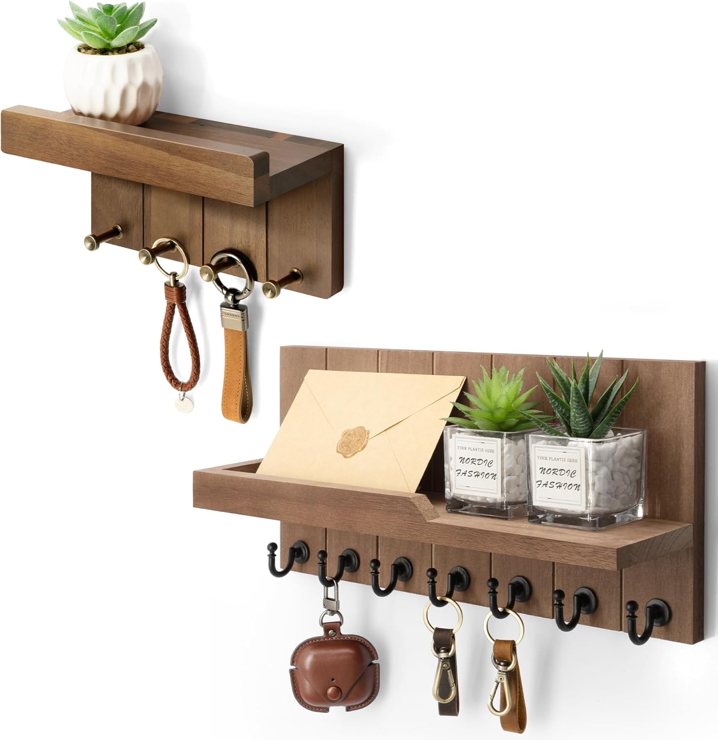 Rebee Vision Decorative Key Holder Wall Mount Combo – Mini Key Holder for Wall with Hooks and Rustic Key and Mail Organizer with Shelf – Ideal for Room Decor Aesthetic (Acacia Wood)