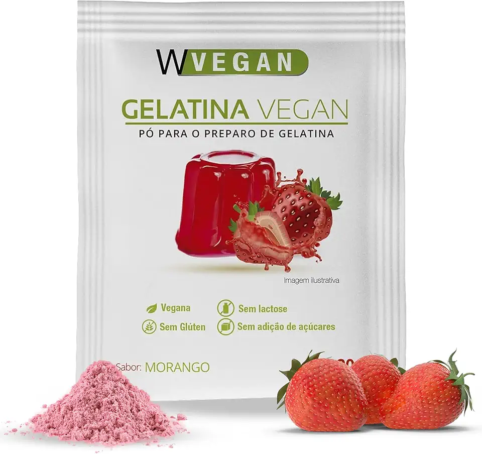 WVEGAN Gelatina Vegan Sabor Morango 20g - A Primeira Gelatina Vegana do Brasil - Sem Glúten, Sem Lactose, Sem Adição de Açúcares