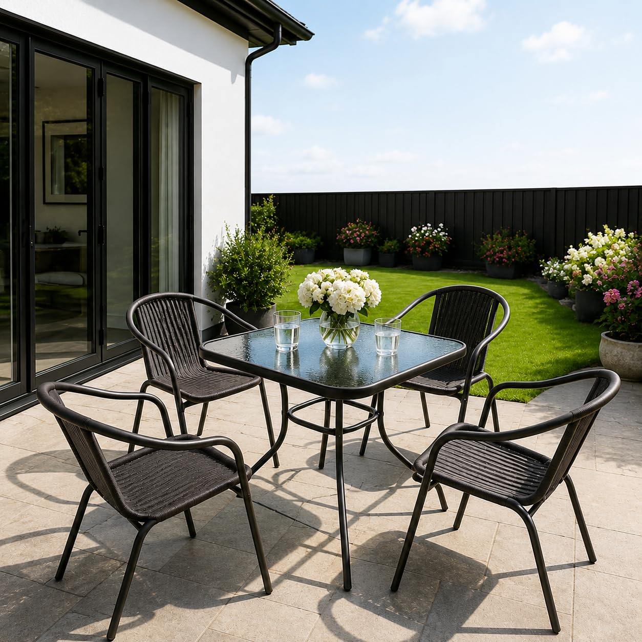 Emirates Living 5 Piece Outdoor Bistro Set – Garden Dining Set with 4 Chairs & Tempered Glass Table, Weather Resistant Patio Furniture Set for Garden, Balcony, Terrace, Conservatory & Outdoor Dining