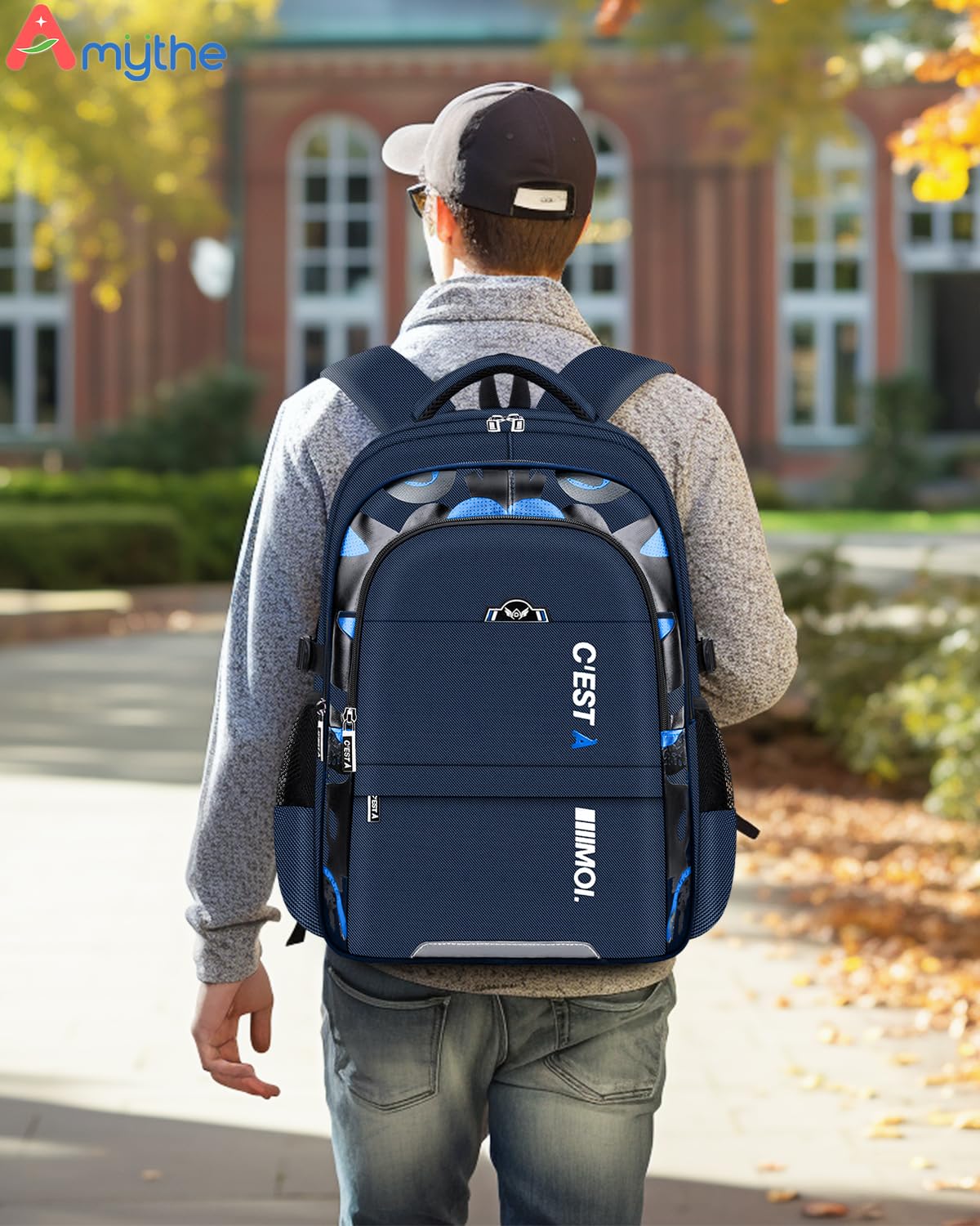 Amythe Sac Ecole pour Adolescent Enfants, Cartable Garcon Primaire Grande Capacité Loisir Sac à Dos pc Portable Imperméable, Sacs D'école Mode Idéal pour L'école et Les Voyages, Bleu foncé