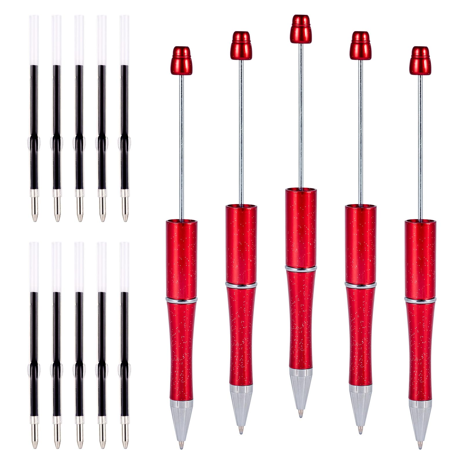 PandaHall 5pcs Beadable Pens with 10pcs 1mm Pen Refills Plastic Beaded Pens Shaft Black Ink Ballpoint Pens for Pen Making School Office Craft Supplies FireBrick