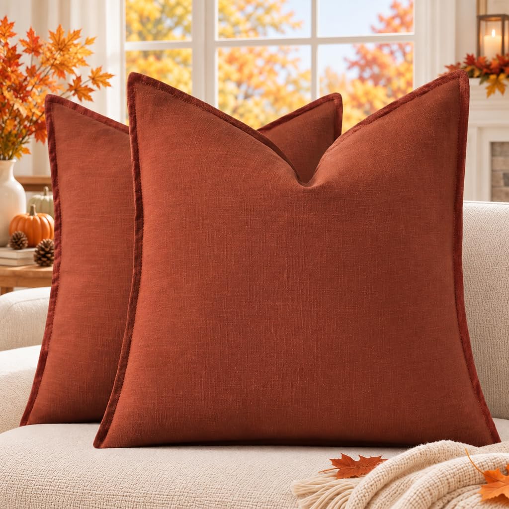 decorUhome Fall Rust Linen Throw Pillow Covers 20x20 Set of 2