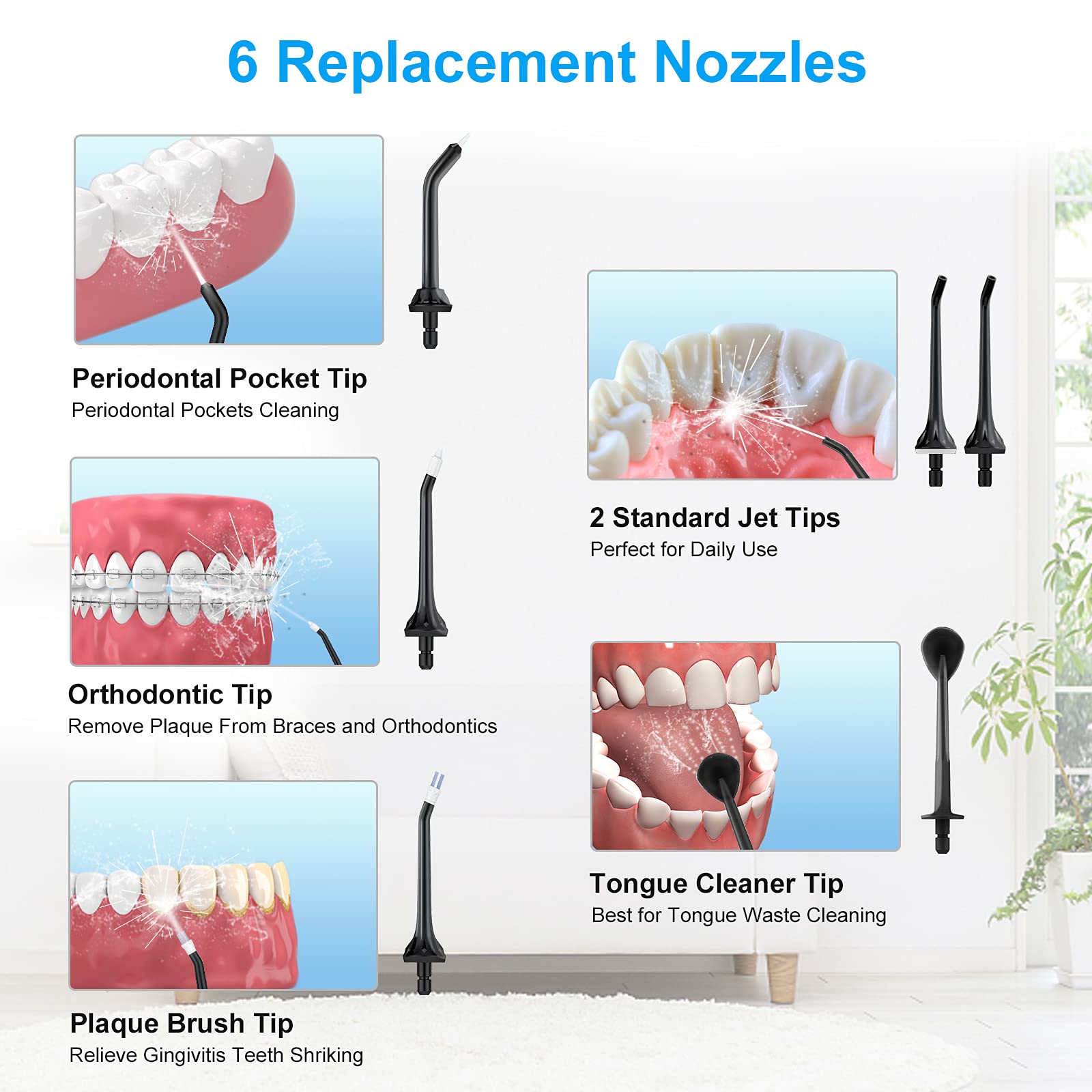 TUREWELL FC1591 Idropulsore Dentale Portatile 5 Ugelli e 3 Modalità, IPX7 Impermeabile, 300ML Irrigatore Dentale per La Casa e I Viaggi