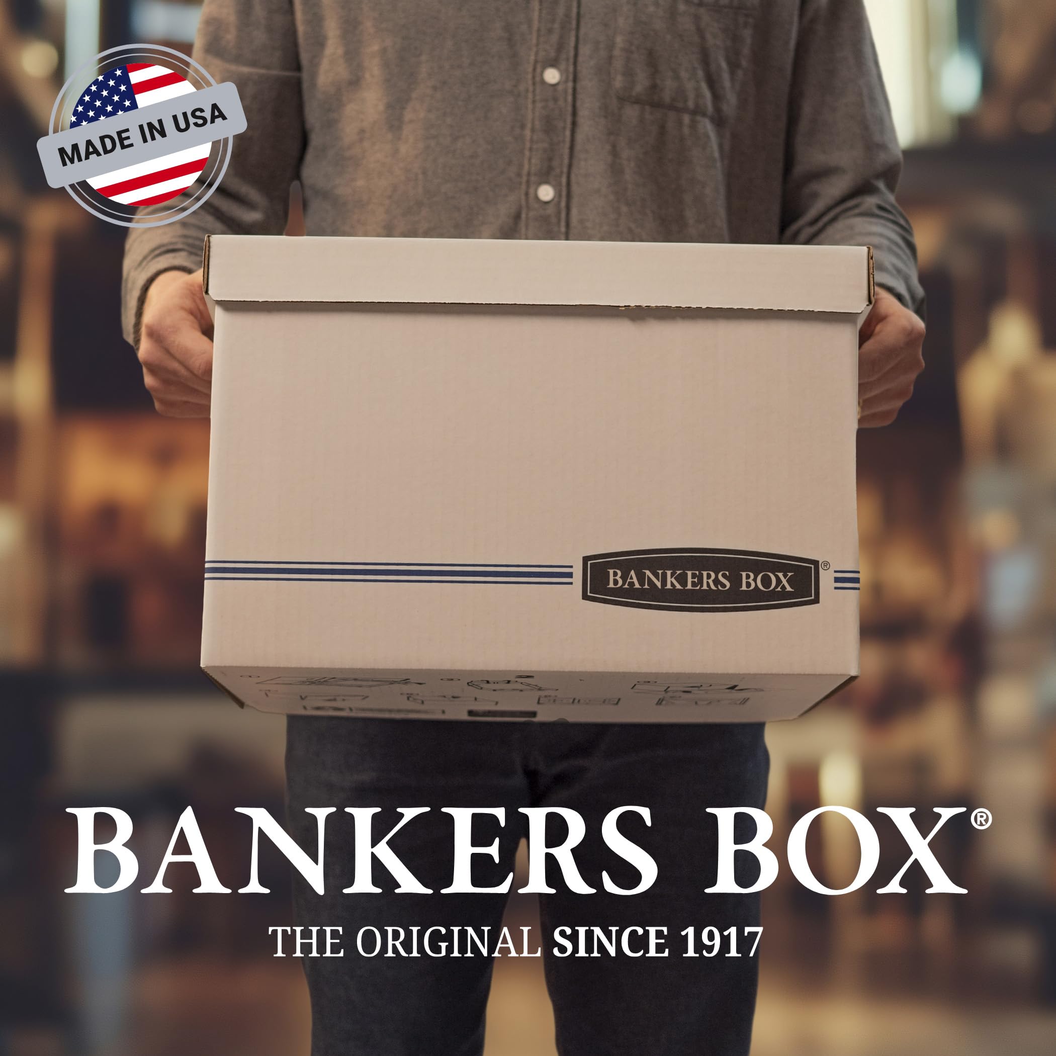 Bankers Box, STOR/FILE, Confezione da 12 scatole portaoggetti per documenti, montaggio standard, coperchio sollevabile, lettera/legale, bianco/blu