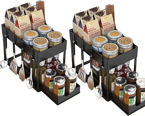 Organizador para debajo del fregadero, paquete de 2 estantes de almacenamiento de cocina con ganchos, estante extraíble para armario multiusos para