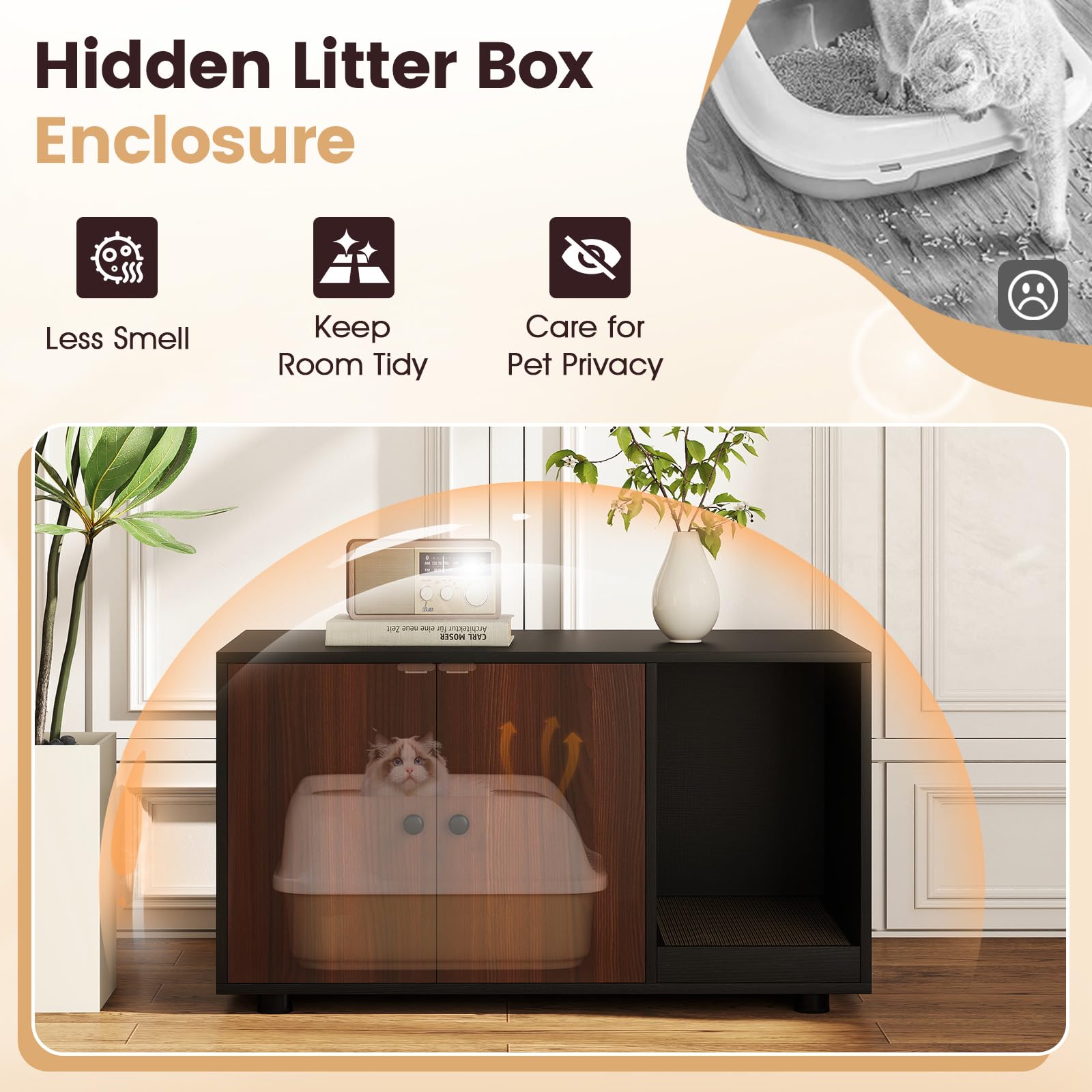 Tangkula Cat Litter Box Enclosure, Hidden Litter Box Furniture with Scratching Board, Double Doors, Modern Indoor Cat House End Table, Wooden Cat Washroom Cabinet (Black+Walnut) - image 5