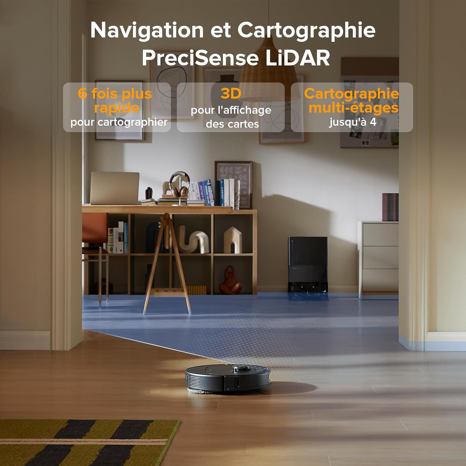 Roborock QV 35A robot vacuum mapping a room with LiDAR technology.