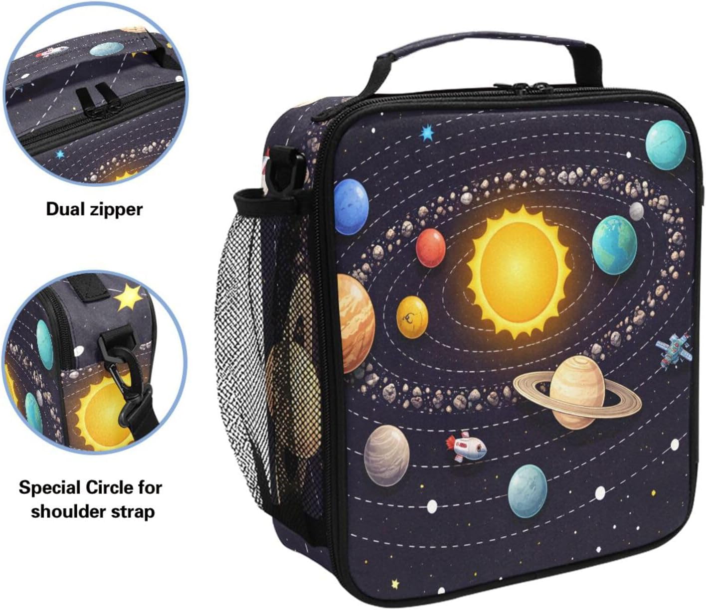Planets Solar System Lunch Box Insulated Lunch Bag Prep Kids Cooler Tote Freezable Shoulder Strap Waterproof Picnic Meal for School Office
