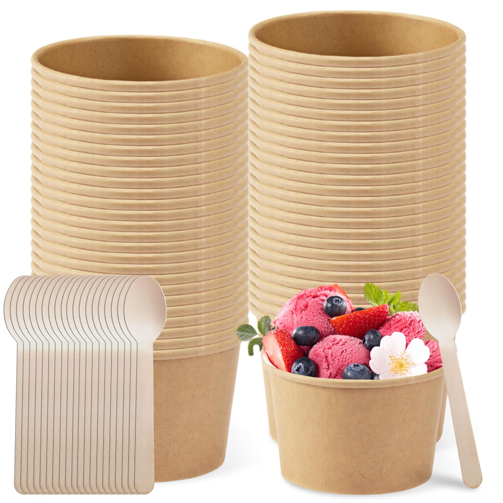 50 vasos de helado universales ecológicos de cartón, 240 ml, de papel con 50 cucharas, helados de cartón, vasos compostables, vasos de papel para helados, postres, comida con dedos