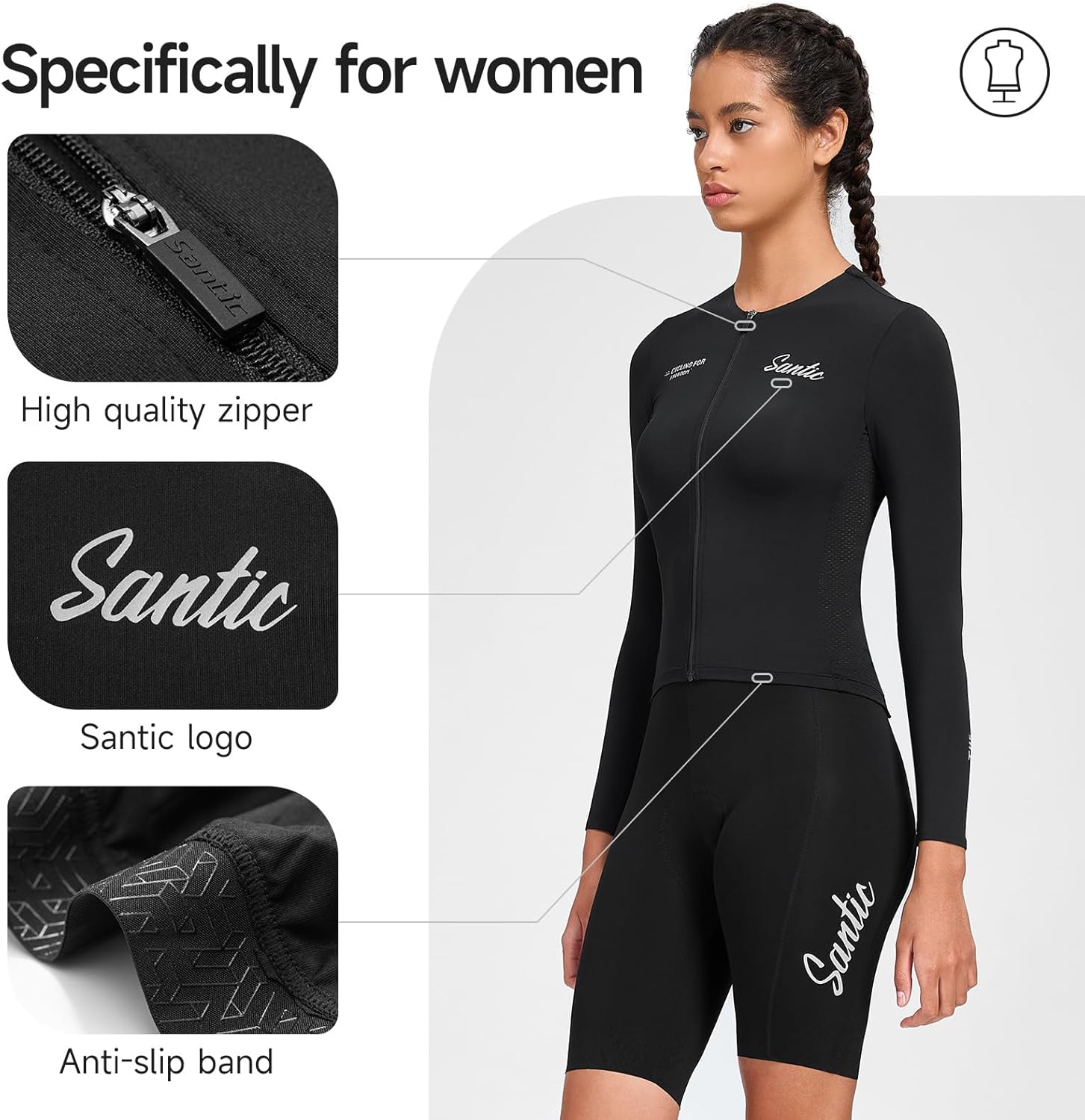 Santic Women's Cycling Jersey Long Sleeve Top Road Bike Shirt Full Zipper UPF 50+ Bike Jersey with Pockets