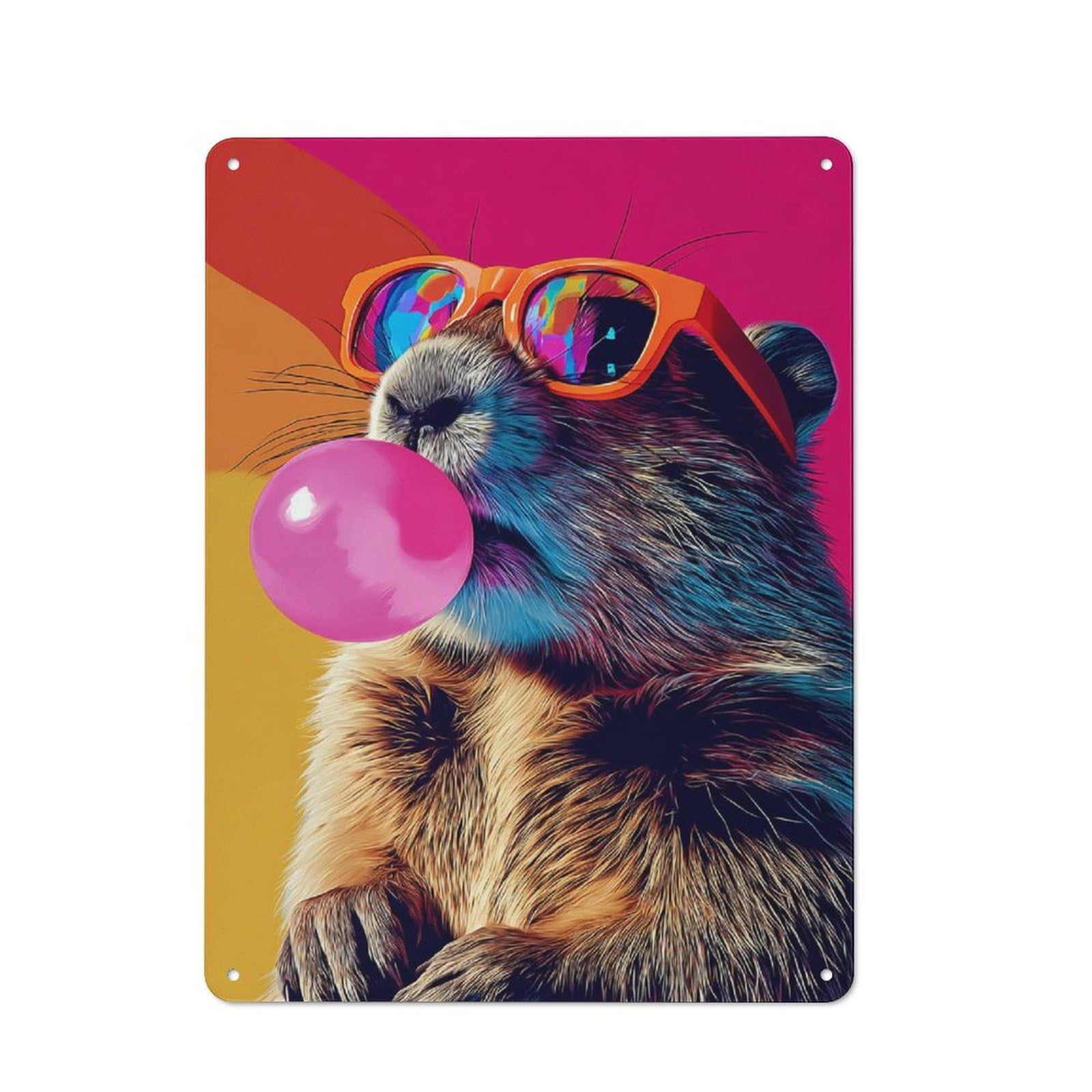 Junmoney Colorful Groundhog With Sunglasses Blowing Bu Tin Sign With Bble Gum Design 40X30cm, Vintage Workshop Wall Decor For Tool Room, Garage, Studio Or Home Bar