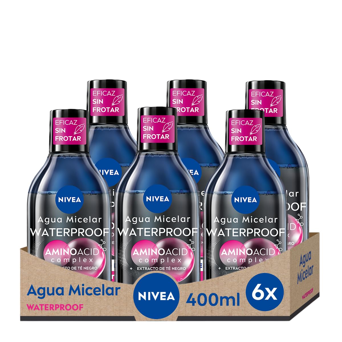 NIVEA Agua micelar Bifásica Waterproof Professional Piel Sensible en pack de 6 (6 x 400 ml), desmaquillante para limpieza facial con extracto de té negro, desmaquillador de ojos y rostro