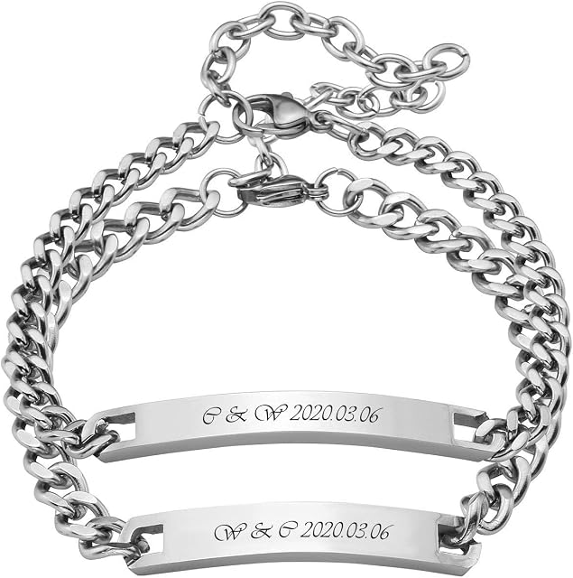 Jovivi Free Engraving - Personalized Silver Tone Stainless Steel His and Hers Couple Bracelet Link Polished,Valentines Gifts