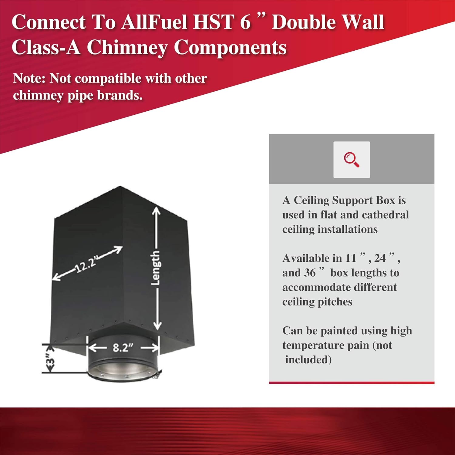 AllFuel HST 11" Tall Square Ceiling Support Box for 6" Diameter 304 Stainless Steel All Fuel Class-A Double Wall Insulated Chimney Pipe