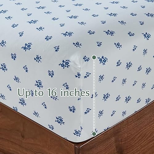 Miniatura 5 de HYPREST Sábanas 100% algodón tamaño King Floral Sábanas de percal de bolsillo profundo, sábanas de percal crujiente, suaves, transpirables y