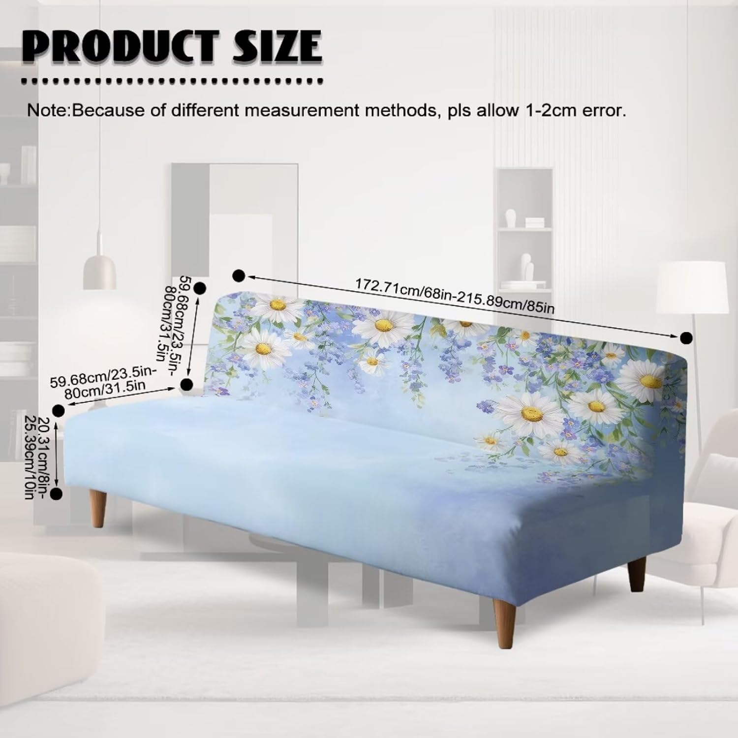 Futon Cover with Elastic Bottom Armless Sofa Covers Non Slip Washable Couch Slipcover Scratch-Resistant Futon Sofa Slipcover for Dogs Cats, Daisy Floral Blue